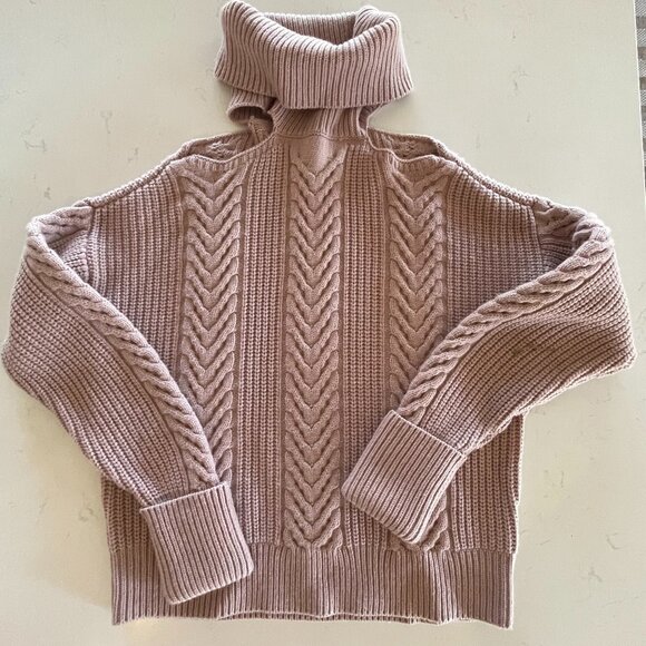 Paige Lorilee Sweater in Wild Rose,‎ Cold Shoulder Cable Knit Turtleneck, Small - Picture 1 of 7